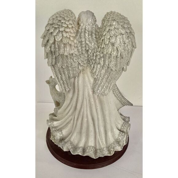 Elegant Guardian Angel with Lamb and Deer Glittered Resin On Wood Base - Picture 6 of 8